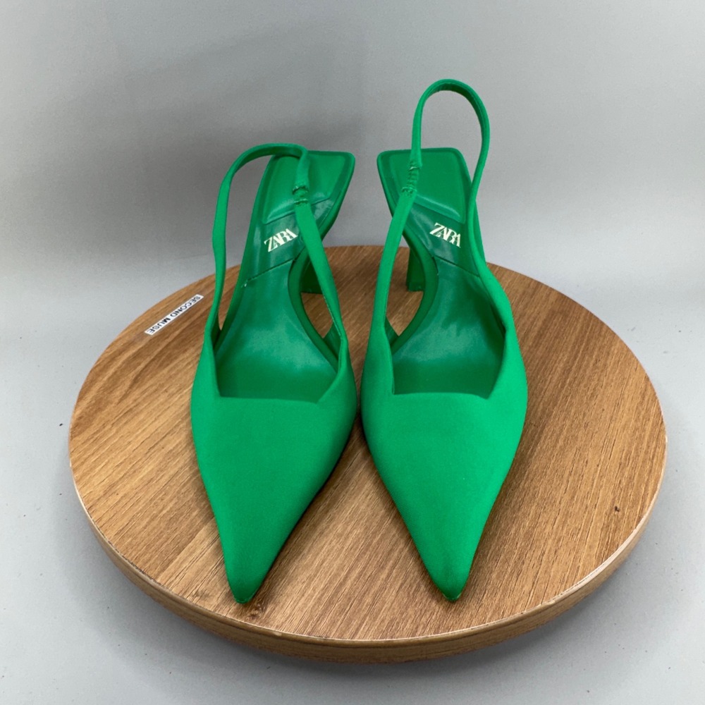 Zara Green Slingback Pointed Toe Heels Size 37 Vibrant Chic Modern Pumps - Picture 2 of 9